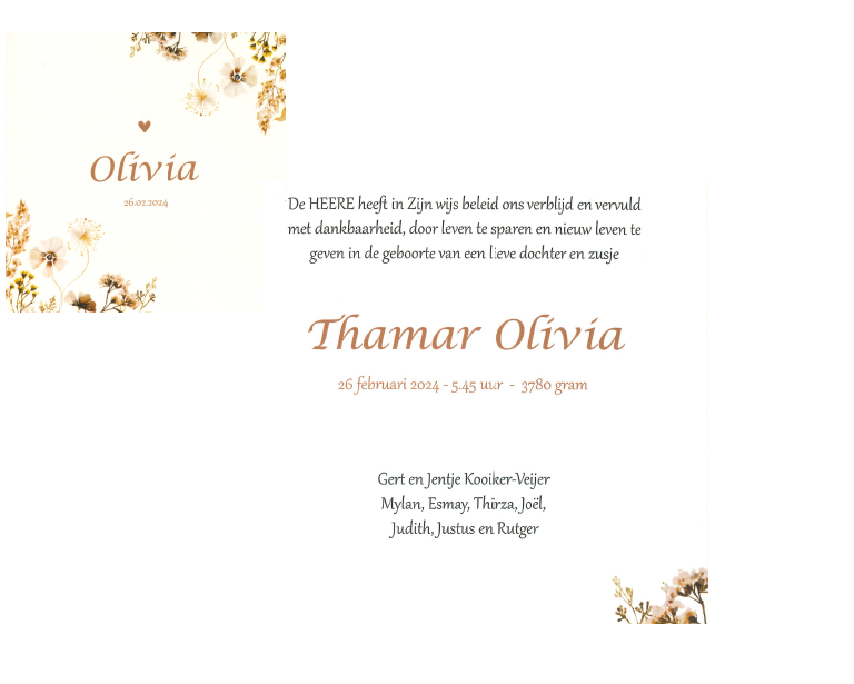 Geboortekaartje Olivia Kooiker