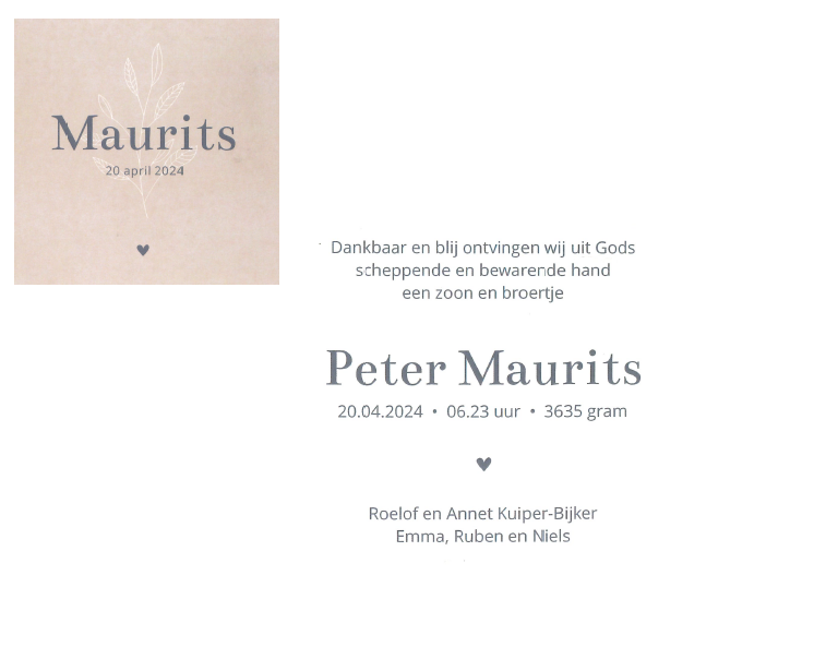 Geboortekaartje Maurits Kuiper