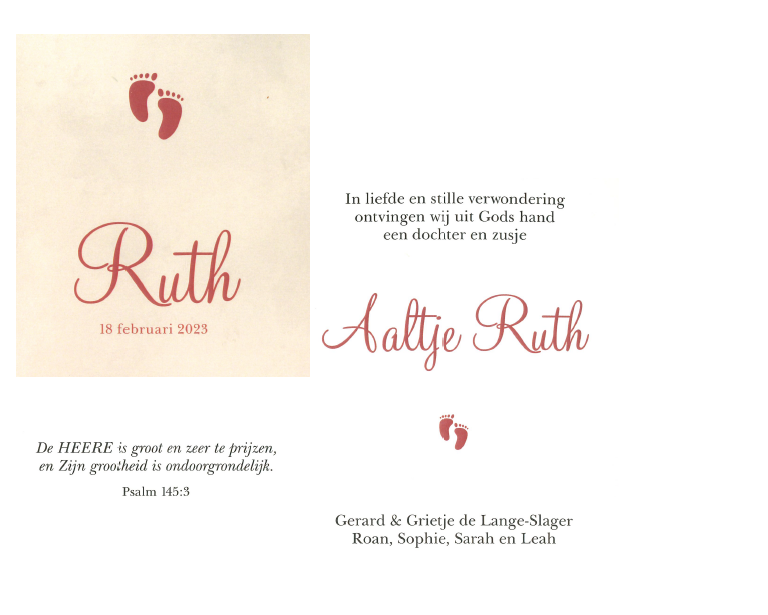 Geboortekaartje Ruth de Lange